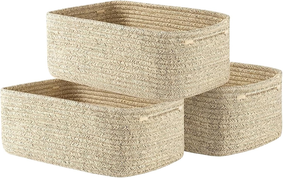 Katoenen touw, opbergmanden, set van 3 met handgrepen, opvouwbaar, stapelbaar, van veilig natuurlijk materiaal, voor badkamer, kinderkamer en woonkamer, linnen