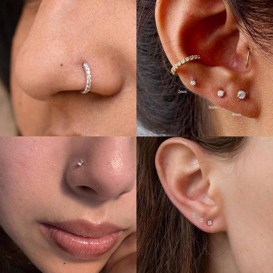 9 stuks helix piercings chirurgisch staal neuspiercing steker, neuspiercing titanium hypoallergene neusring dunne conch rook platte piercing oor goud tragus oorbellen set dames piercing sieraden — afbeelding 3