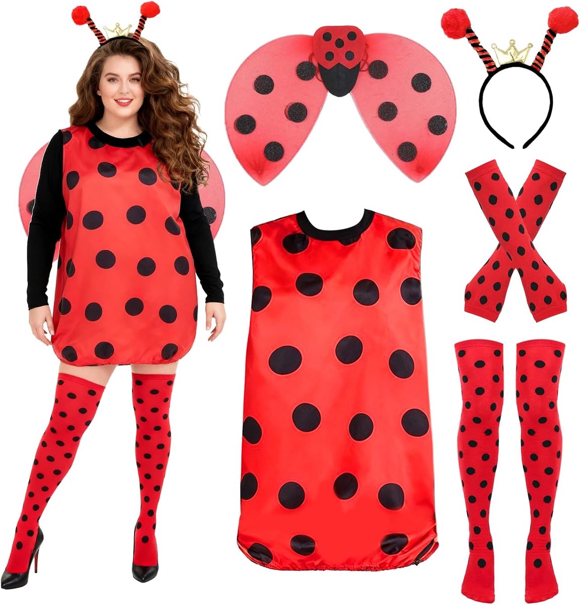 Ladybug kostuum voor meisjes, lieveheersbeestjeskostuum, set met lieveheersbeestjesvleugels, jurken, antenne, hoofdband, armwarmers, overknee sokken, Ladybird Fancy Dress voor Halloween