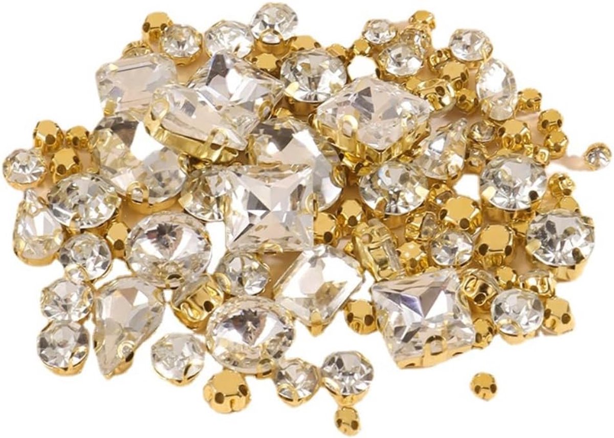 200 stuks strass-steentjes om op te naaien, kristallen naaien, klauw, strass, glas, strass om te naaien, knutselen, voor handwerk, sieraden, kleding, decoraties, gemengde maten, goud