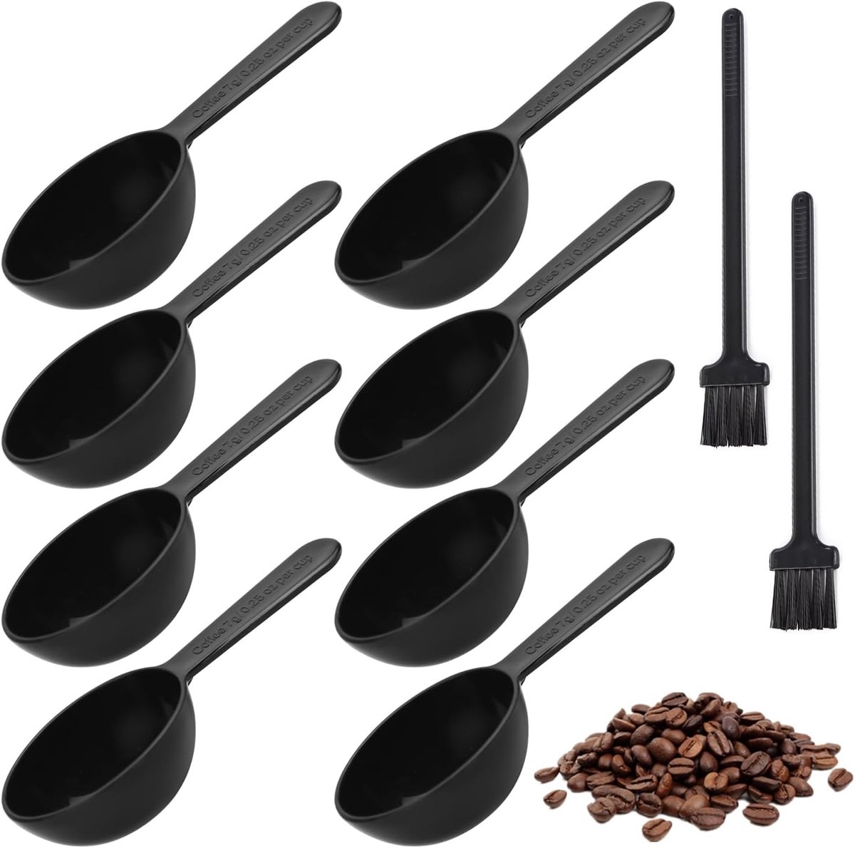 8 stuks maatlepels, 2 stuks reinigingsborstel, plastic koffie-maatlepel, meelschep, keukengerei, herbruikbaar, geschikt voor thee, koffiebonen, eiwitpoeder (zwart)