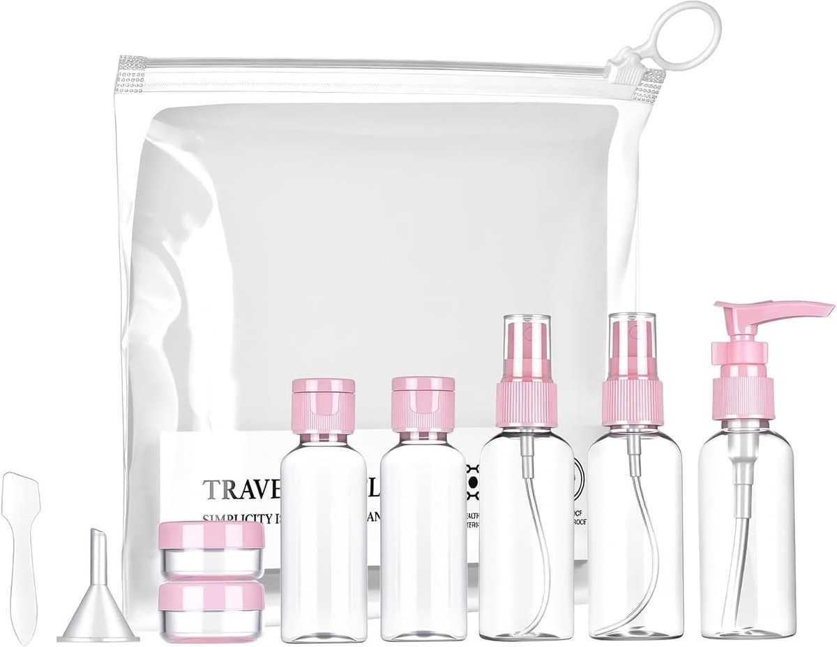 Reisflessen om te vullen, 9-delig, lichtroze, plastic flessen om te vullen, lekvrije reisformaat, container voor handbagage, vloeistoffen, shampooflessen en cosmetica-containers
