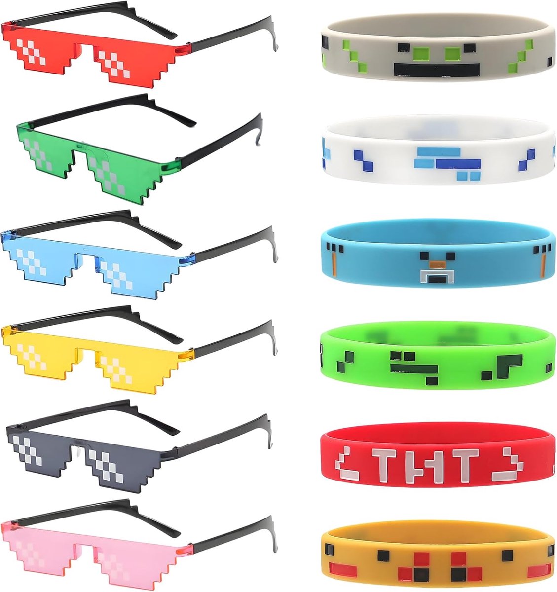 6 stuks Thug Life Pixelated zonnebril, pixelmozaïekbril, kleurrijk, mozaïek thug life bril, met 6 siliconen armbanden, voor mannen, vrouwen, kinderen, foto-rekwisieten, party, decoratie