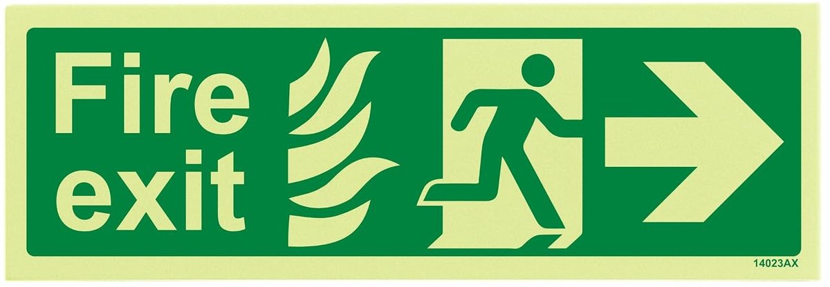 Glow In The Dark NHS Fire Exit Pijl Rechts Teken - 300mm x 100mm - Zelfklevende Vinyl
