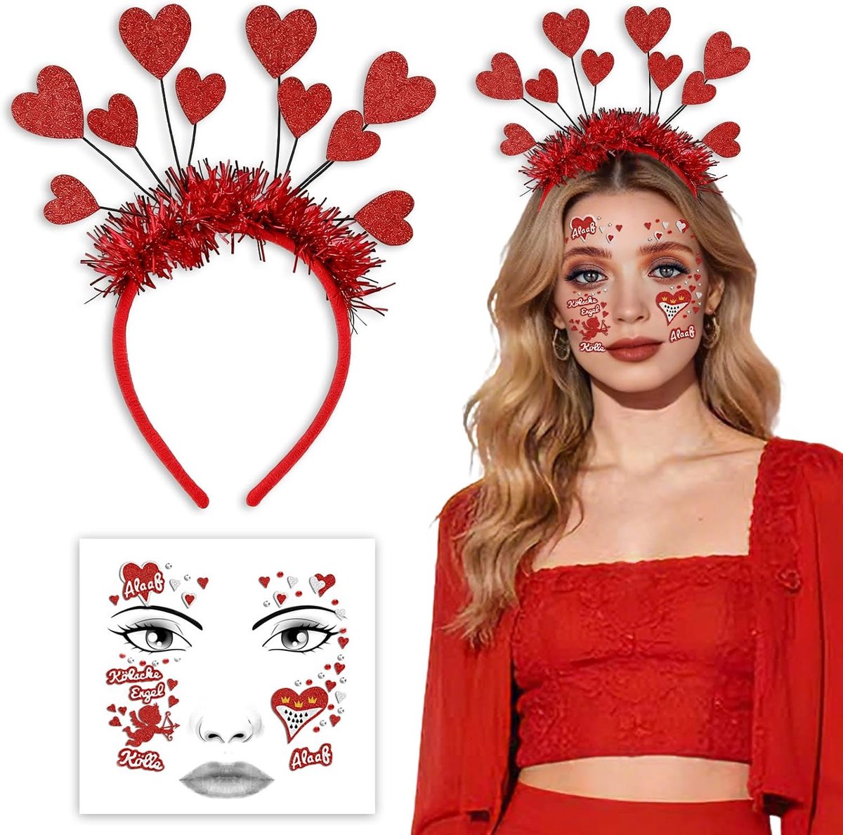 2 stuks Amor kostuum dames accessoires carnaval, liefdeshaarband en cupido hart gezichttattoos, voor carnaval, Halloween, maskerade, cosplay themafeest