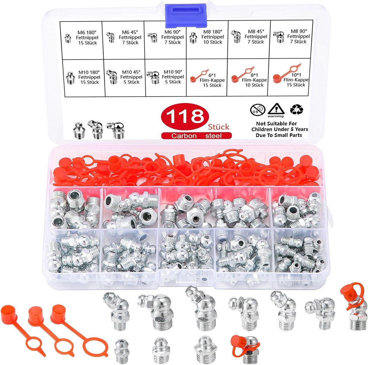 118 Stuks Smeernippel Set, M6 M8 M10 Schroefdraad met Rechte/45°/90° Kegelsmeernippels en Smeernippeldoppen, Vetspuit Accessoires voor Onderhoud en Reparatie van Voertuigen, Machines