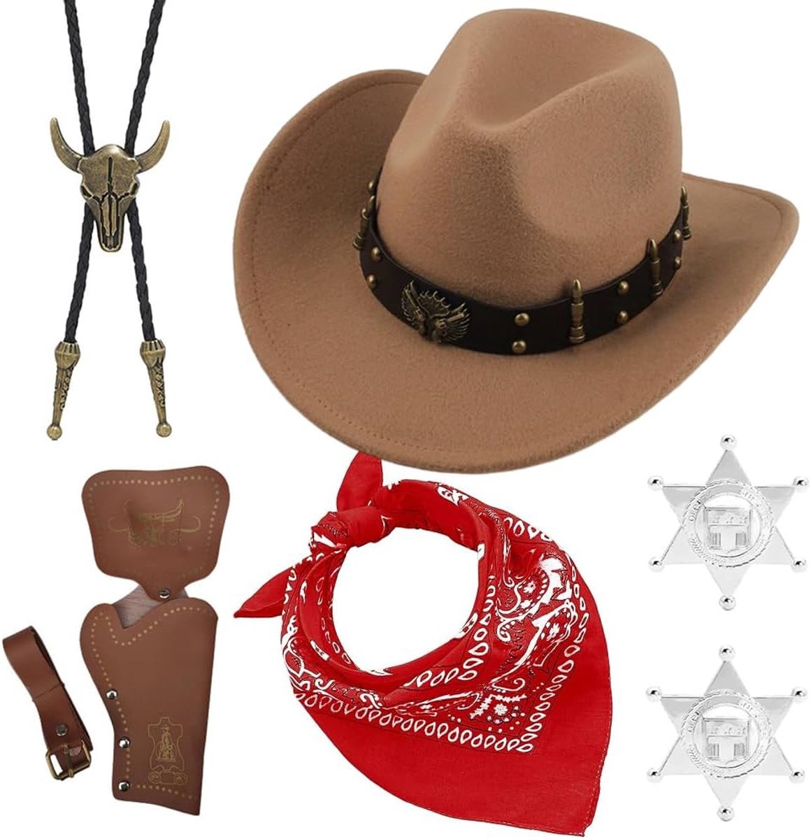 7PCS Western Cowboyoutfits Cosplayaccessoires Fancy Dress Sets met Cowboyhoeden Bandana Holster Riem Ketting Badge Cowboyhoed Kostuumaccessoires voor Carnaval(Bruin)
