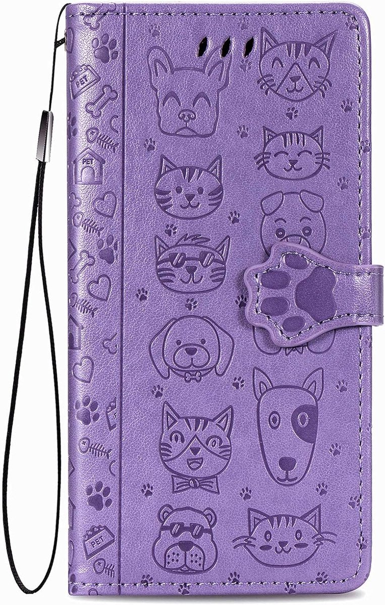 Beschermhoes voor Samsung A16 / A17 (5G / 4G) / A26 5G, schokbestendig, portefeuille, lederen hoesje met kaartsleuf, Chiusura Magnetica [kattenmotief, hond], flip case, paars