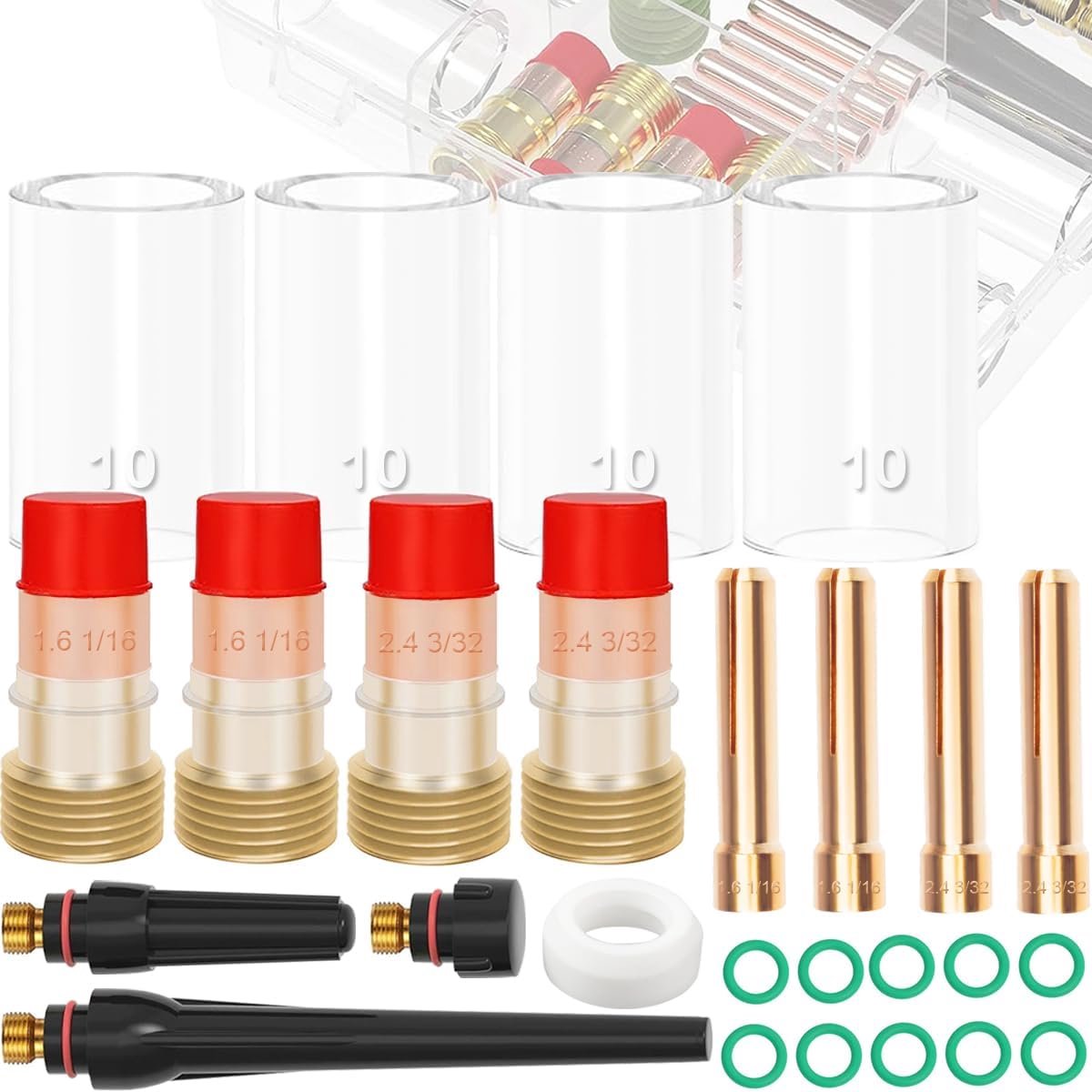 26Pcs for TIG Welding Torch Gas Lens #10 for Pyrex Glass Cup Kit Collets Body Stubby Gas Lens & Stubby Collet 1.6mm 2.4mm, Back Cap, Insulator for WP-17/18/26 TIG Welding Torch Accessories Kit