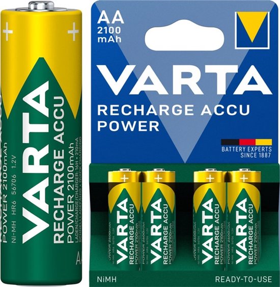 Varta AA 2100 mAh oplaadbare batterijen met gele en groene Varta logo's.