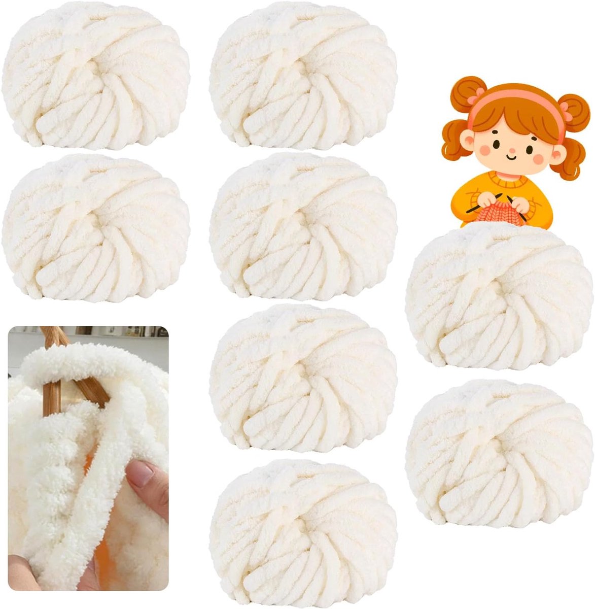 dik garen, 500 g (250 g x 2), ca. 54 m, chunky garen voor haken/handbreien, XXL, zachte wol voor haken dekens, sjaals, mutsen, dekens, sierkussens (01-melkwit, 8 stuks)