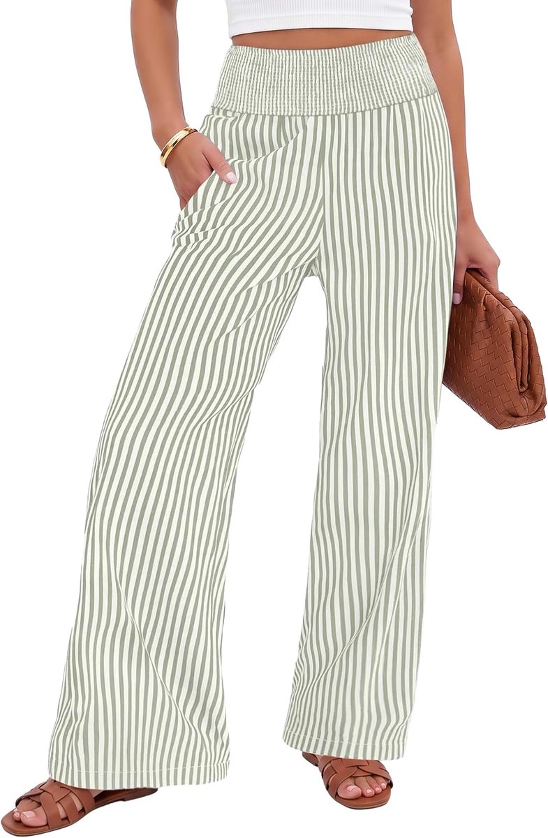 Zomerbroek voor dames met verticale strepen, brede pijpen, hoge taille, elastisch, licht, elegant, palazzo-broek met zakken, casual, vrijetijdsbroek, strand, vakantie