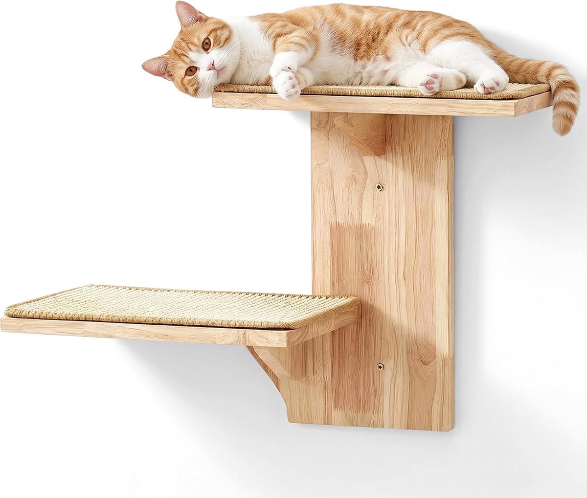 kat, dubbellaags platform kattenwandmeubel van massief rubberhout, kleine kattenboom, 40,6 cm, wandgemonteerde katten met pluche bed, wandplanken om te klimmen, spelen (sisalmat)