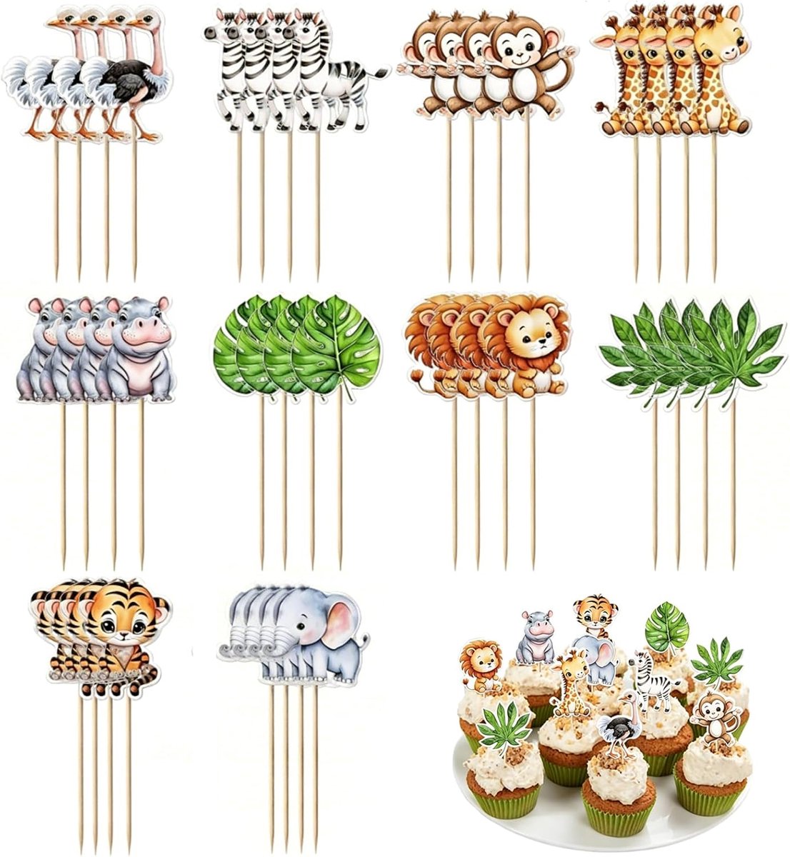 taartdecoratie prikkers, 40 stuks, jungle avontuur thema, kleurrijke dierenfiguren, geschikt voor kinderfeestjes, cupcakes en taartversiering