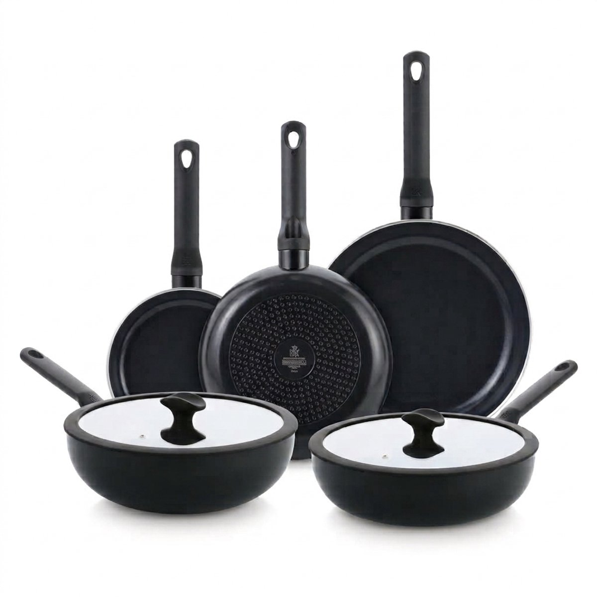 BK Enjoy Pannenset 5-delig - Koekenpannen 20/24/28cm - Hapjespan met deksel 28cm/3.4L - Wokpan met deksel 28cm/4.2L - PFAS-vrije antikleeflaag - Inductie pannenset - Keramische pan - Ovenbestendig tot 160°C - Koudgrepen - Zwart