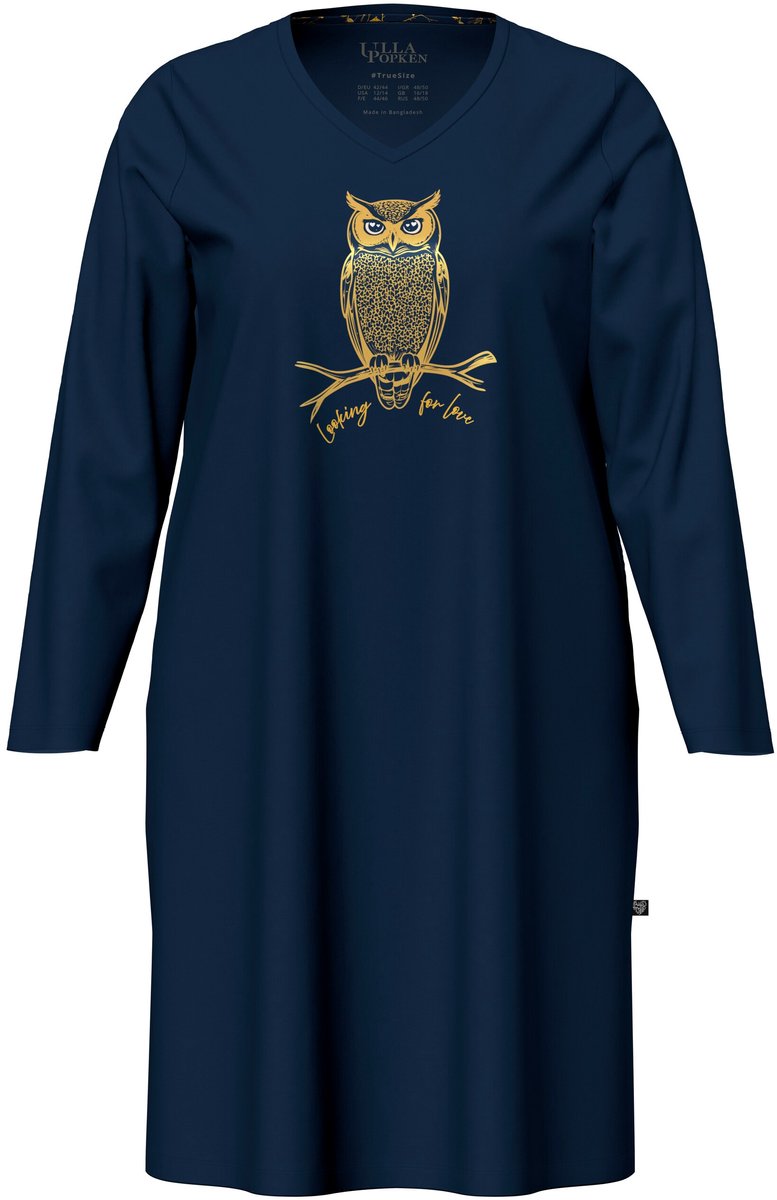 Ulla Popken Dames - Bigshirt uilen V-hals lange mouwen - Nachtblauw - Maat 46+