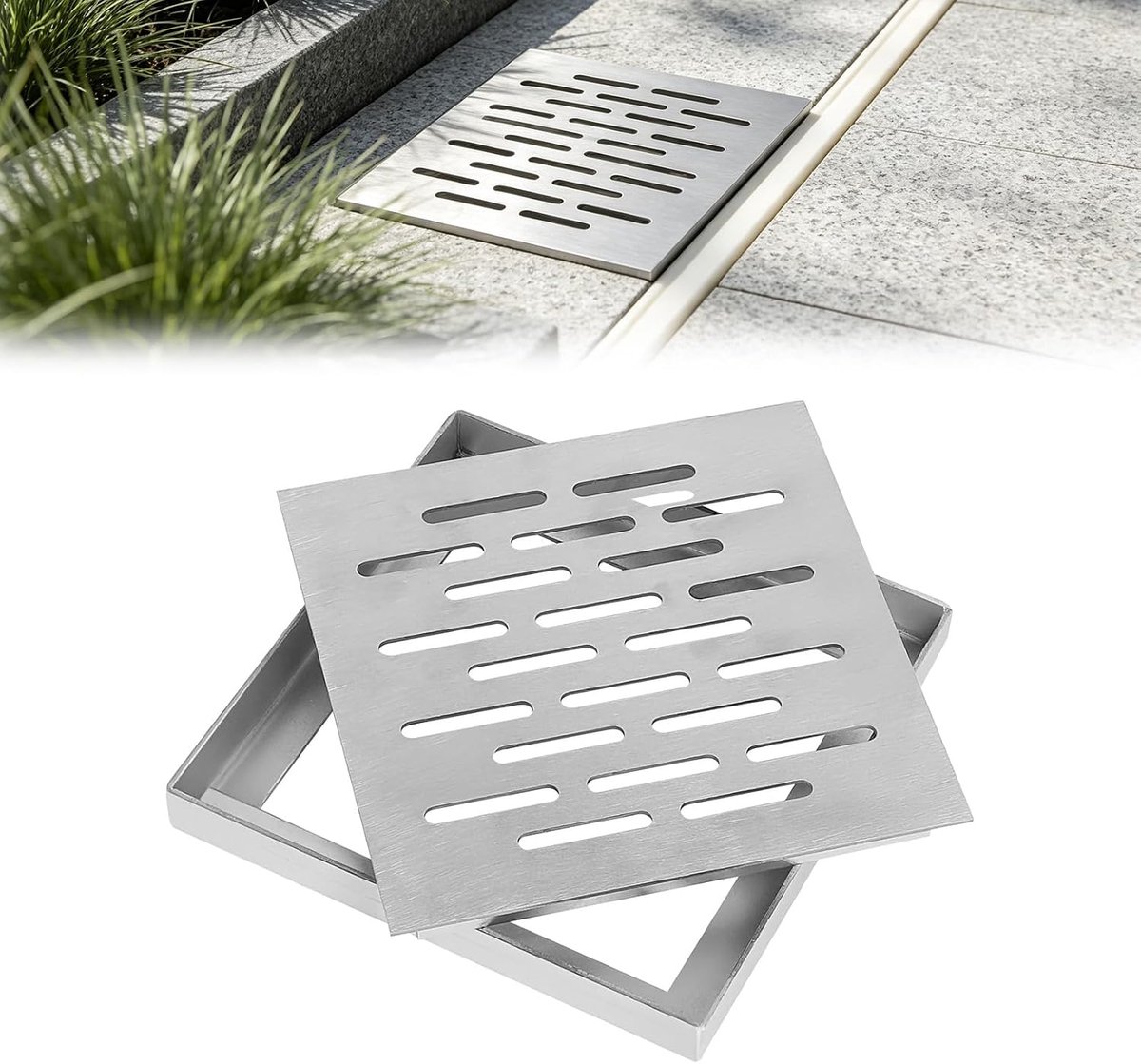 bodemafvoer met frame, afvoerrooster, afvoerafdekking, roestvrijstalen afvoerafdekking, bodemafdekking voor buiten, keuken, badkamer, tuin, terras, anti-blokkering (150 x 150 x 20 mm)
