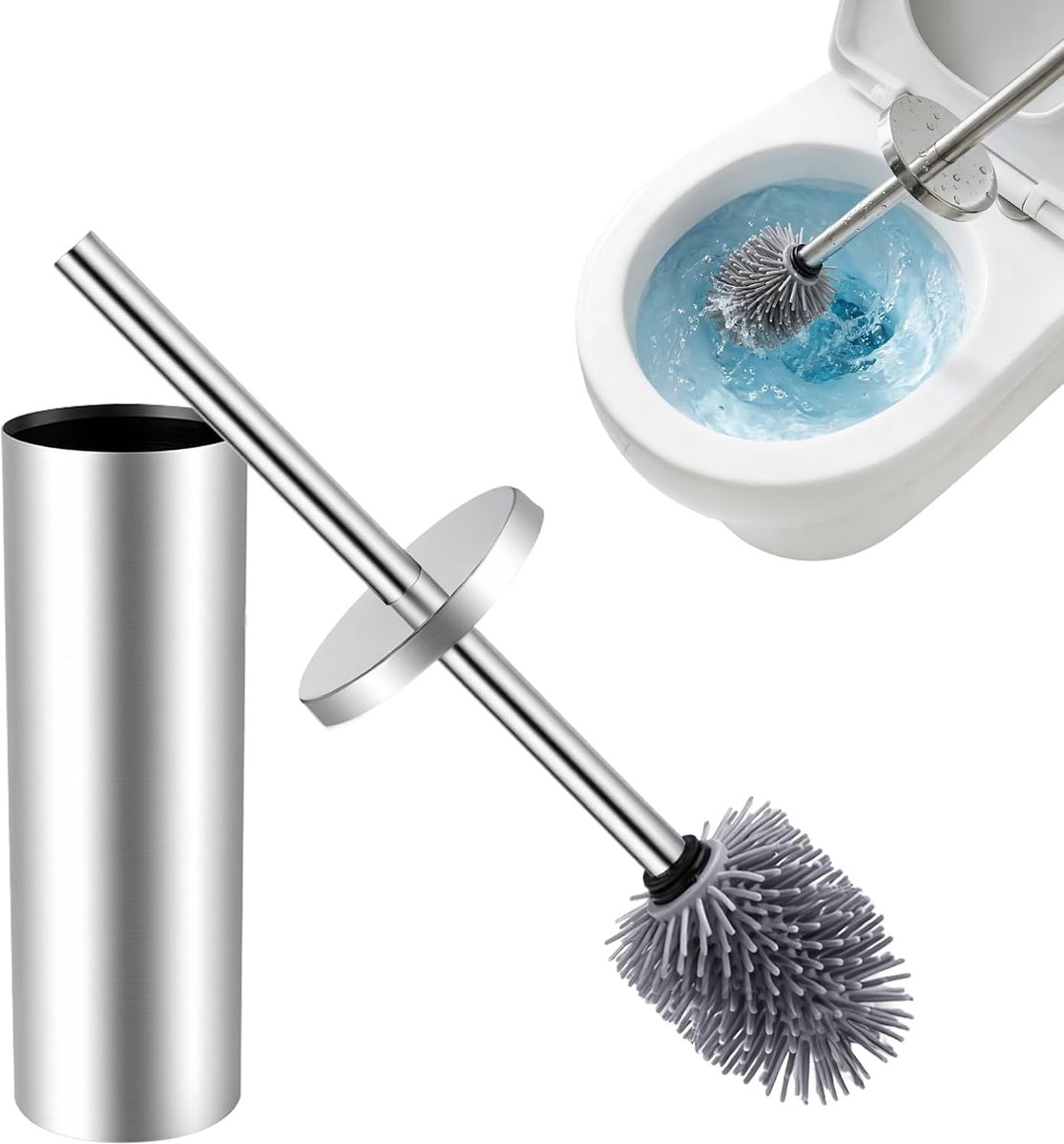 Toiletborstel van siliconen kop van roestvrij staal met standaard - 304 roestvrijstalen handgreep, verwijderbare binnencartridge, spatwaterdichte hoes, 34 cm lange toiletborstel (zilver)