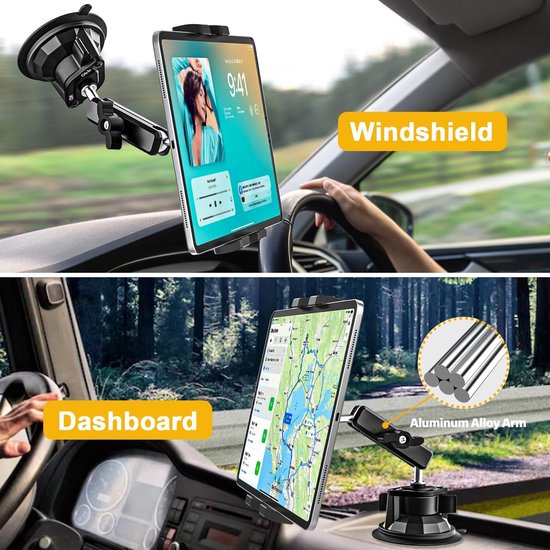 Tablethouder voor de auto met aluminium arm en grote zuignap, autovoorruithouder voor vrachtwagen, bestelwagen, compatibel met iPad Pro Air Mini/Galaxy Tab/Fire/mobiele telefoon, 4-13 inch — afbeelding 2
