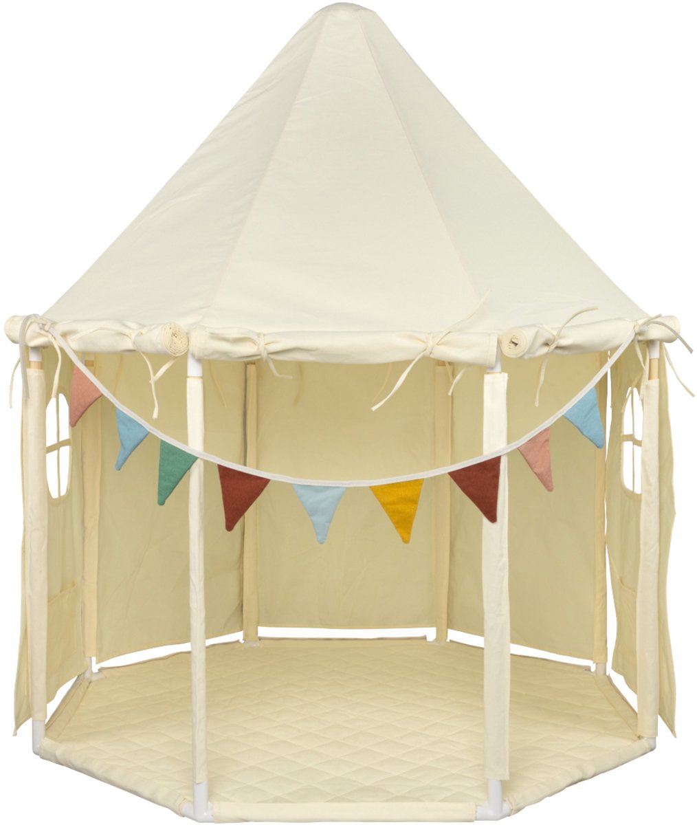 Sunny Kiki Speeltent Crème voor kinderen – Paviljoen Speeltent met ramen van katoen – Met vlaggetjes – Tent kinderen met Kussen kleed – 114x120x141 cm – Stokken van hout