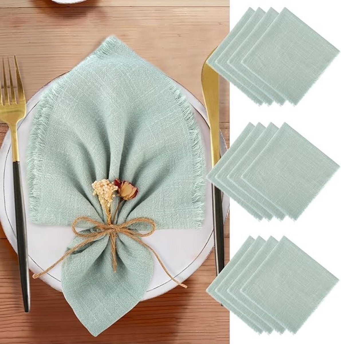 Livatto 12 stuks stoffen servetten katoen 42x42 cm saliegroen met franjes