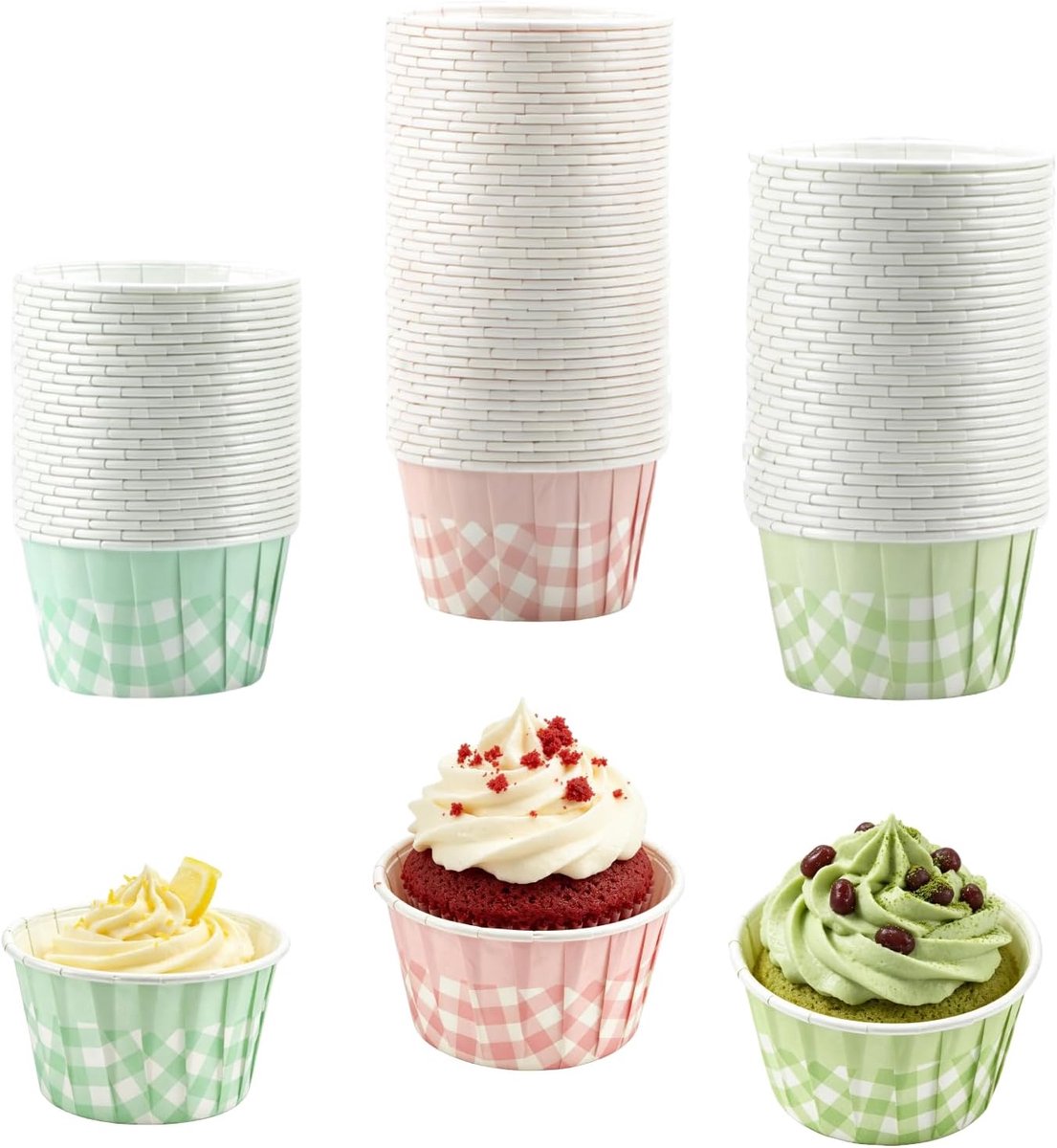 150 stuks papieren muffinvormpjes, cupcakevormen, muffinbakvorm, muffins, papieren muffinvormpjes, papieren muffinvormpjes voor bruiloft, Halloween, verjaardagsfeest, kleurrijk (ruitpatroon)
