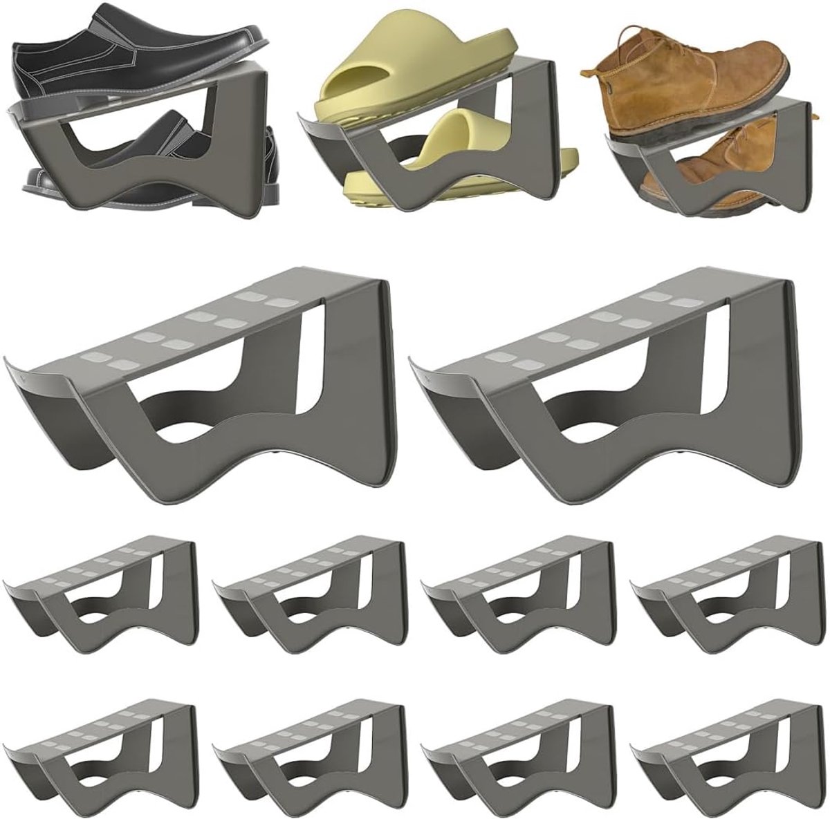 Schoenorganizer, 10 stuks, schoenenstapelaar, antislip, PP, dubbellaags, ruimtebesparend, voor kast, entree, stapelbaar, wasbaar, schoenenorganizer, donkergrijs
