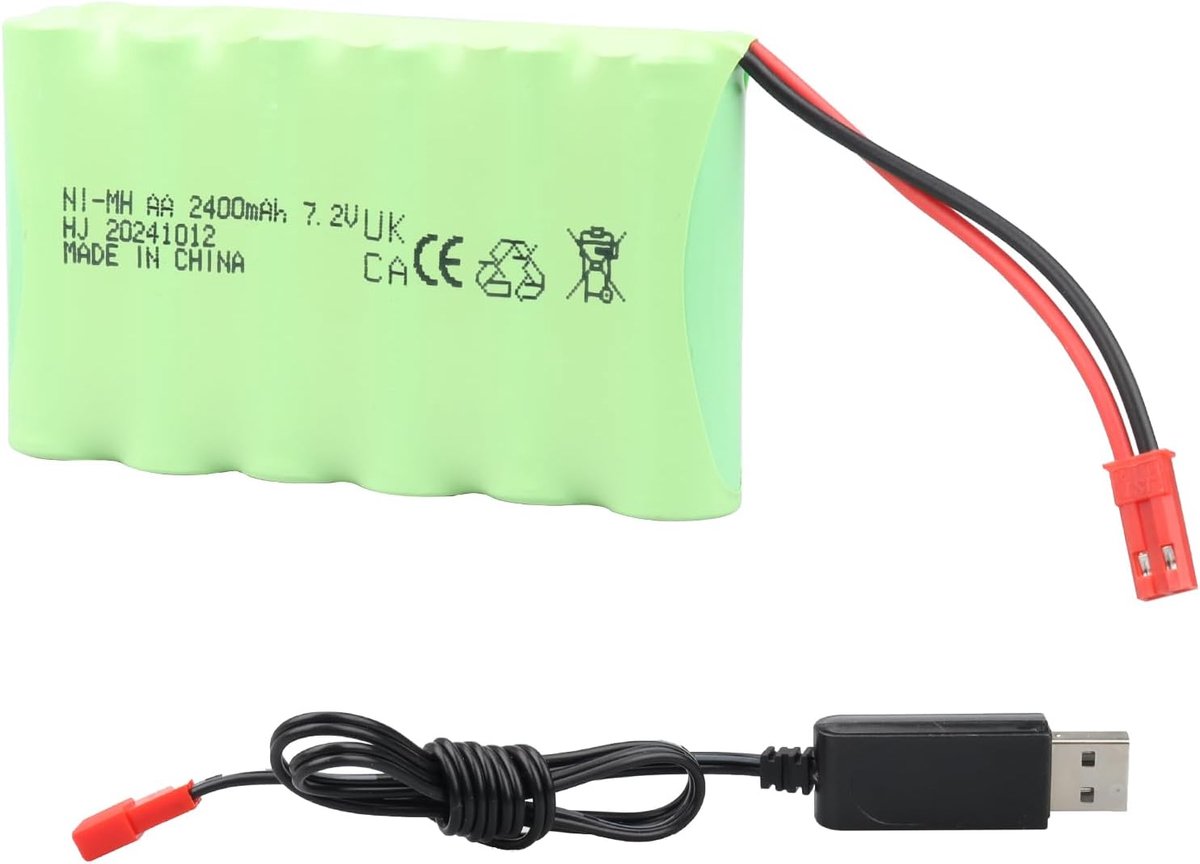 7,2 V 2400 mAh Ni-MH batterij met JST-stekker, AA-batterij voor RC-monstertrucks, op afstand bestuurde vrachtwagens, RC-bulldozer, elektrisch gereedschap, bouwwagen