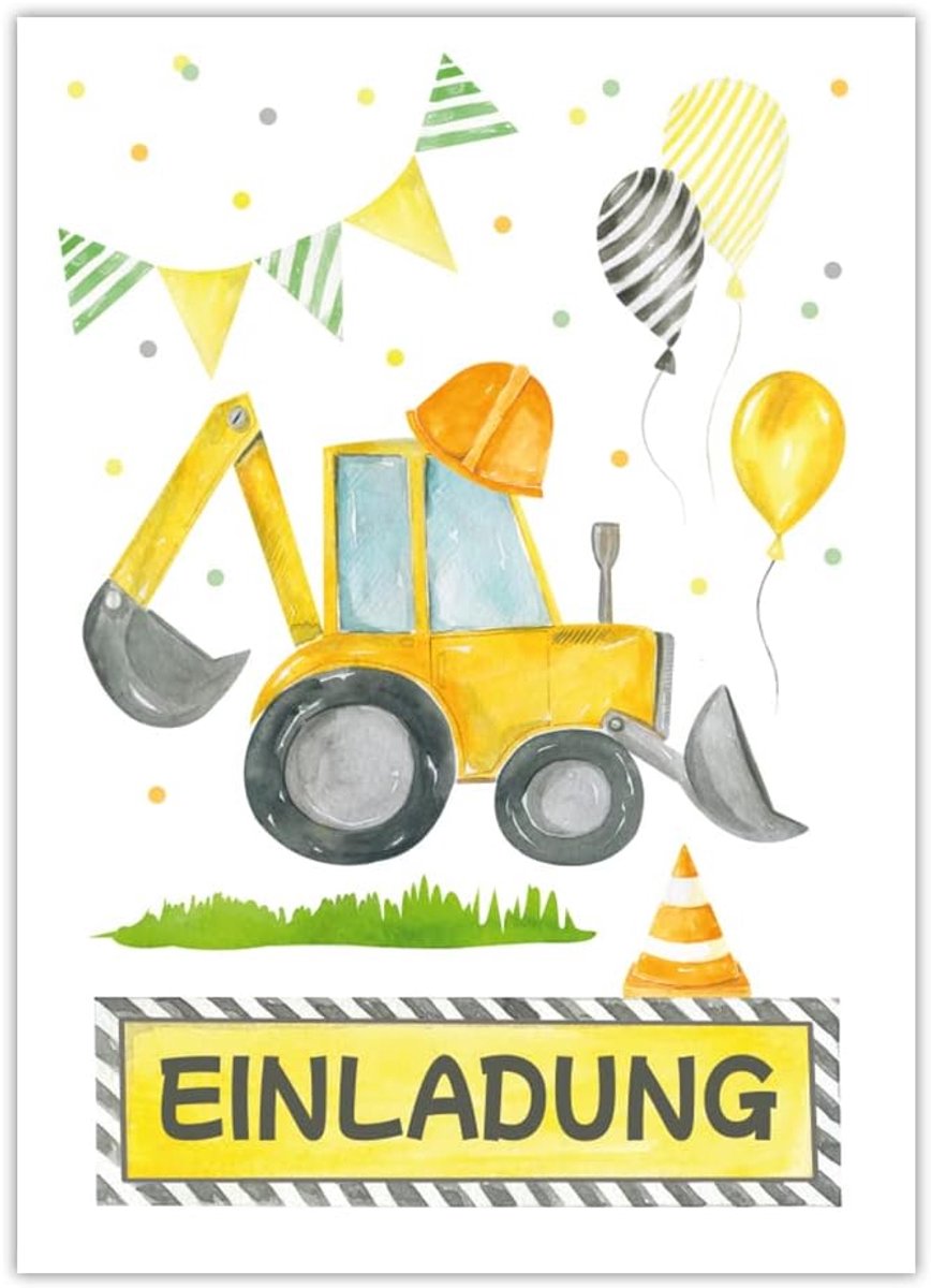 12 uitnodigingskaarten voor kinderverjaardag jongen bouwplaats graafmachine motief uitnodigingen voor verjaardag kinderen kleurrijke verjaardagsuitnodigingen