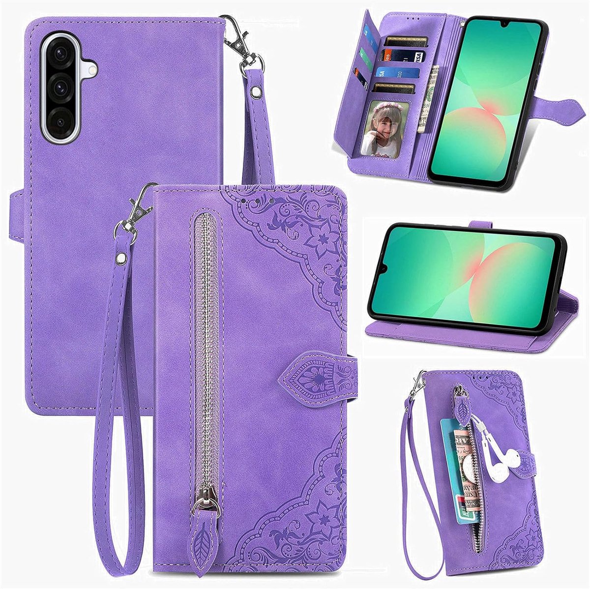 Beschermhoes voor Samsung Galaxy A57, beschermhoes van PU-leer, met kaarthouder, magnetische Chiusura [bloempatroon], flip cover van siliconen, schokbestendig, portefeuille, paars