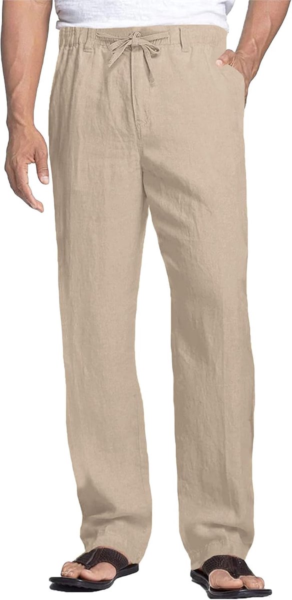 Heren Linnen Broek Lichtgewicht, Zomerbroek Casual, Strandbroek met Trekkoord en Zakken voor Vakantie