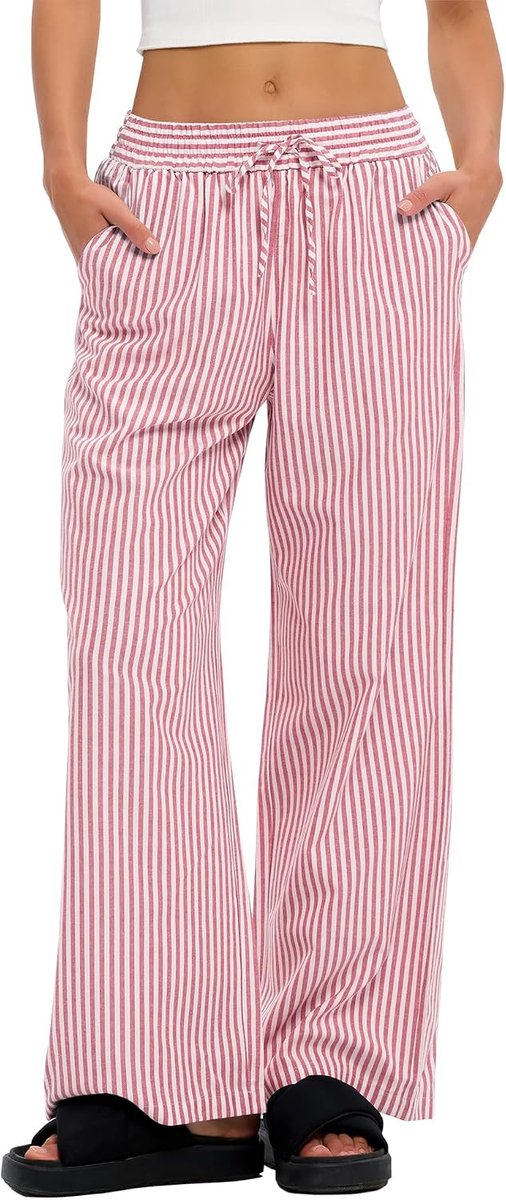 Pyjamabroek voor dames, geruit, lang, zomer, katoen, trekkoord, slaapbroek, zachte vrijetijdsbroek met zakken