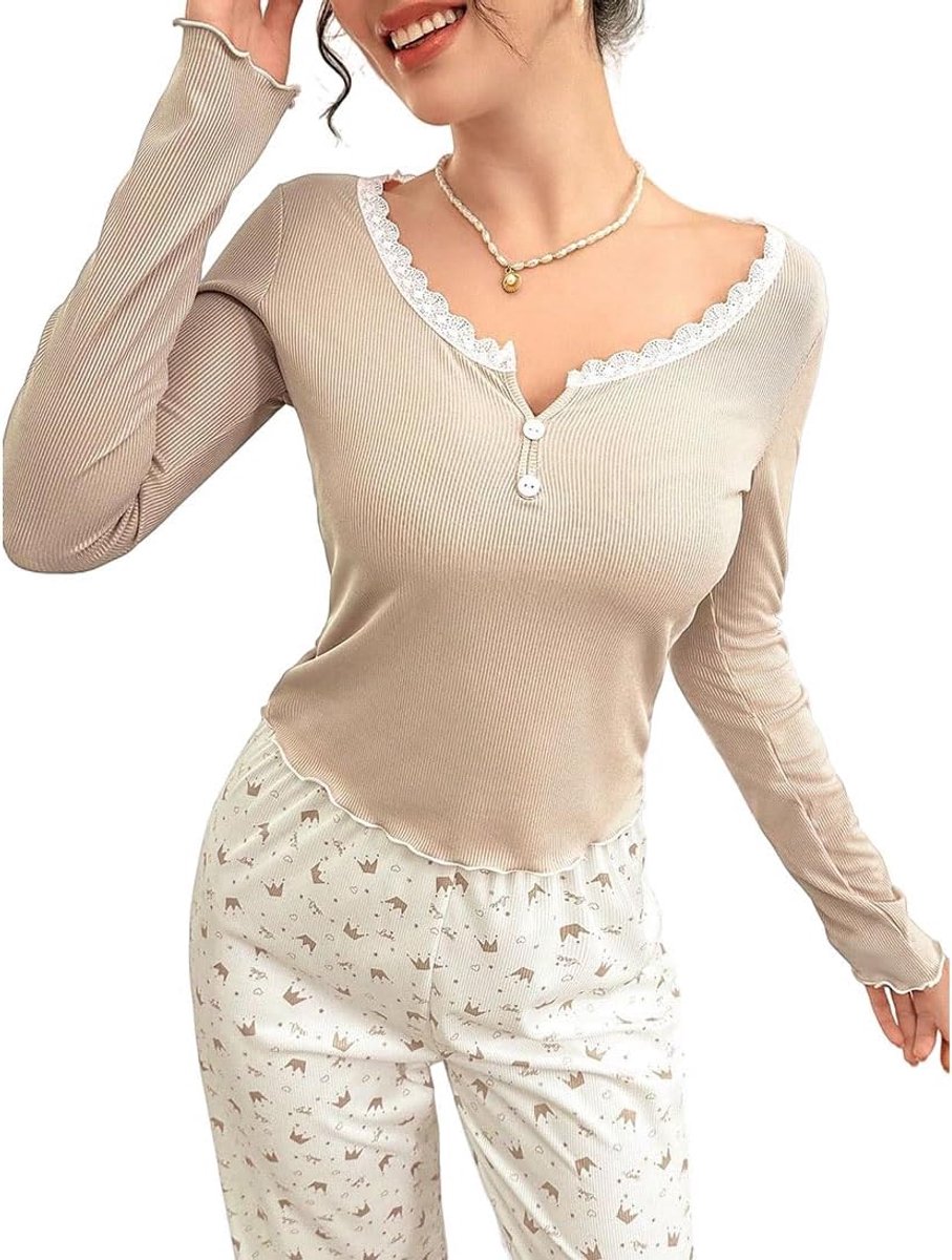 Pyjama dames pyjama broek ronde kraag lange mouwen T-shirt zomer casual nachtkleding loungewear pyjama dames lange mouwen pyjama set nachtkleding pyjamabroek zomer lang vrijetijdspak