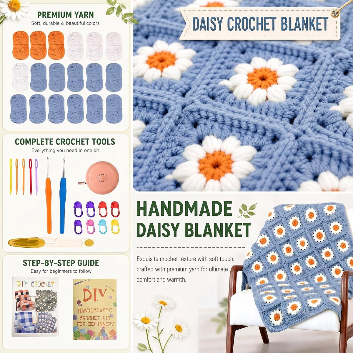 Haakset voor dekens voor beginners, haakset voor madeliefjesdeken, Granny Square haakset voor beginners, complete set met haaknaald, garen en video-instructies voor madeliefjesdeken (blauw)
