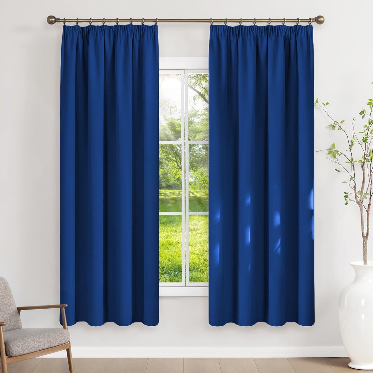Gordijnen met plooiband, ondoorzichtig, koningsblauw, verduisteringsgordijnen, set van 2, 180 x 120 cm (H x B) voor railsysteem, thermische gordijnen, koudebescherming, schuifgordijnen voor