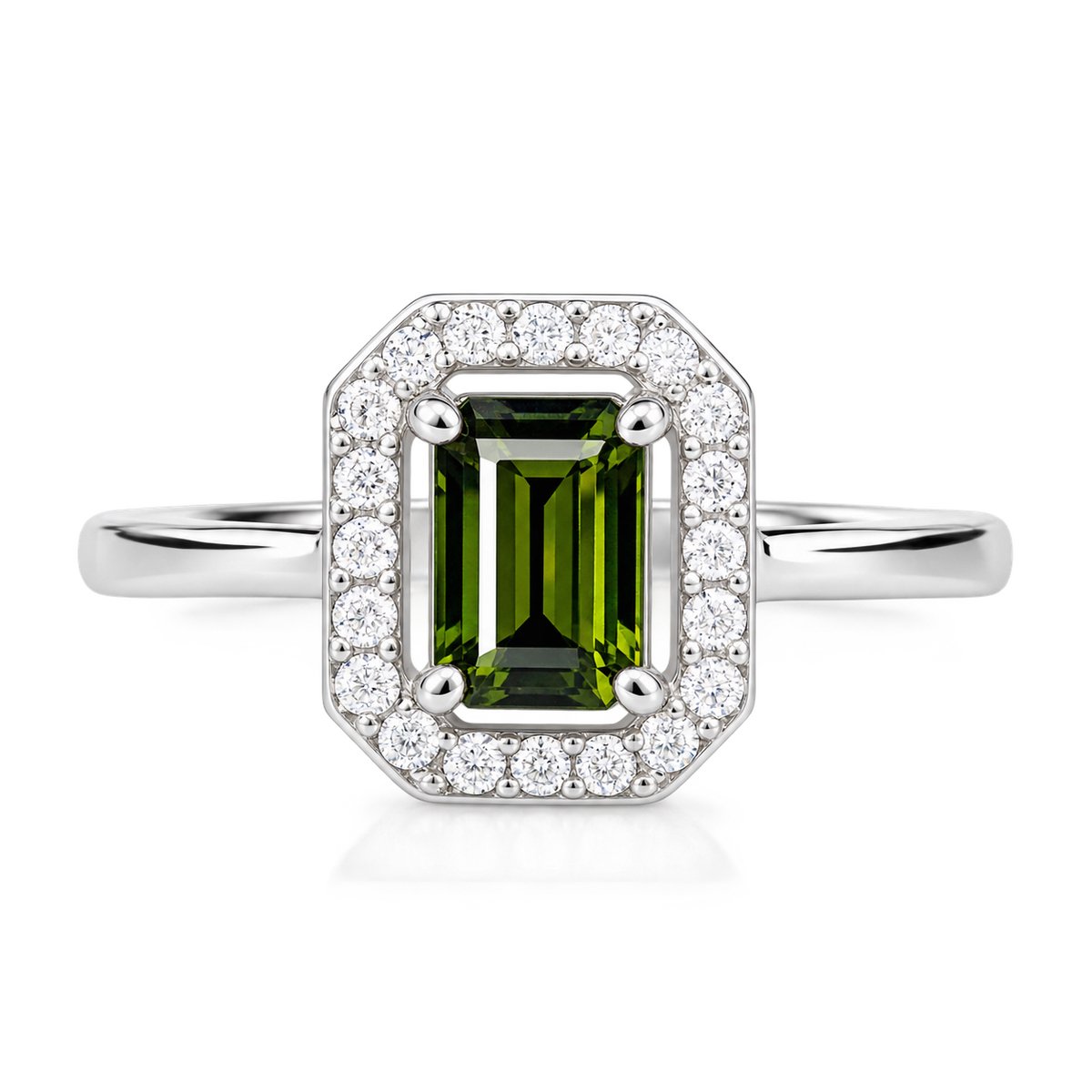 Ring met natuurlijke groene toermalijn, CZ en rhodiumplating