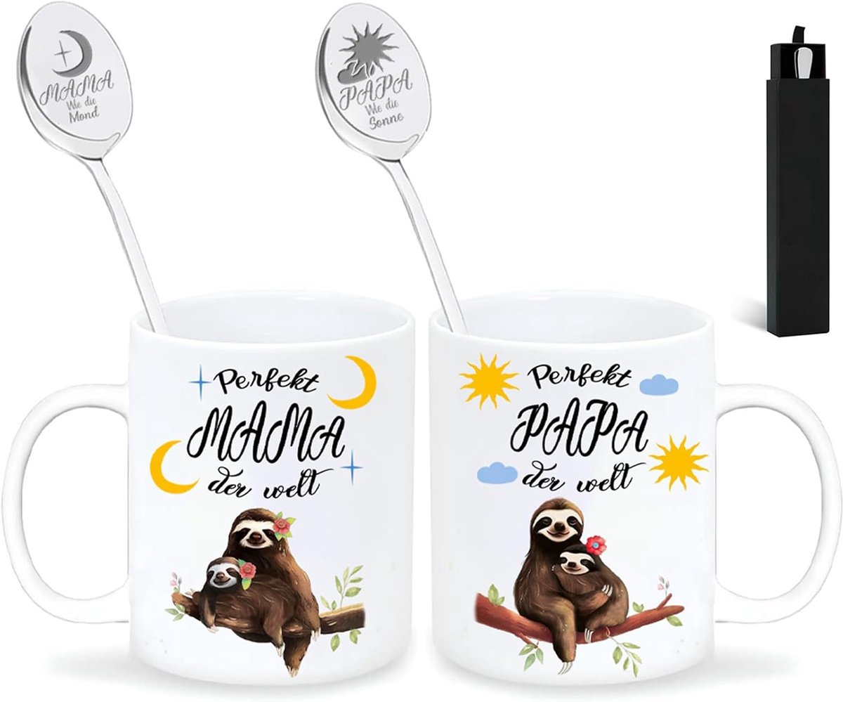 Papa Mama geschenken, koffiemok 350 ml met lepel, met spreuk, perfect papa mama der well, keramische koffiemok voor Kerstmis, verjaardag, cadeaus