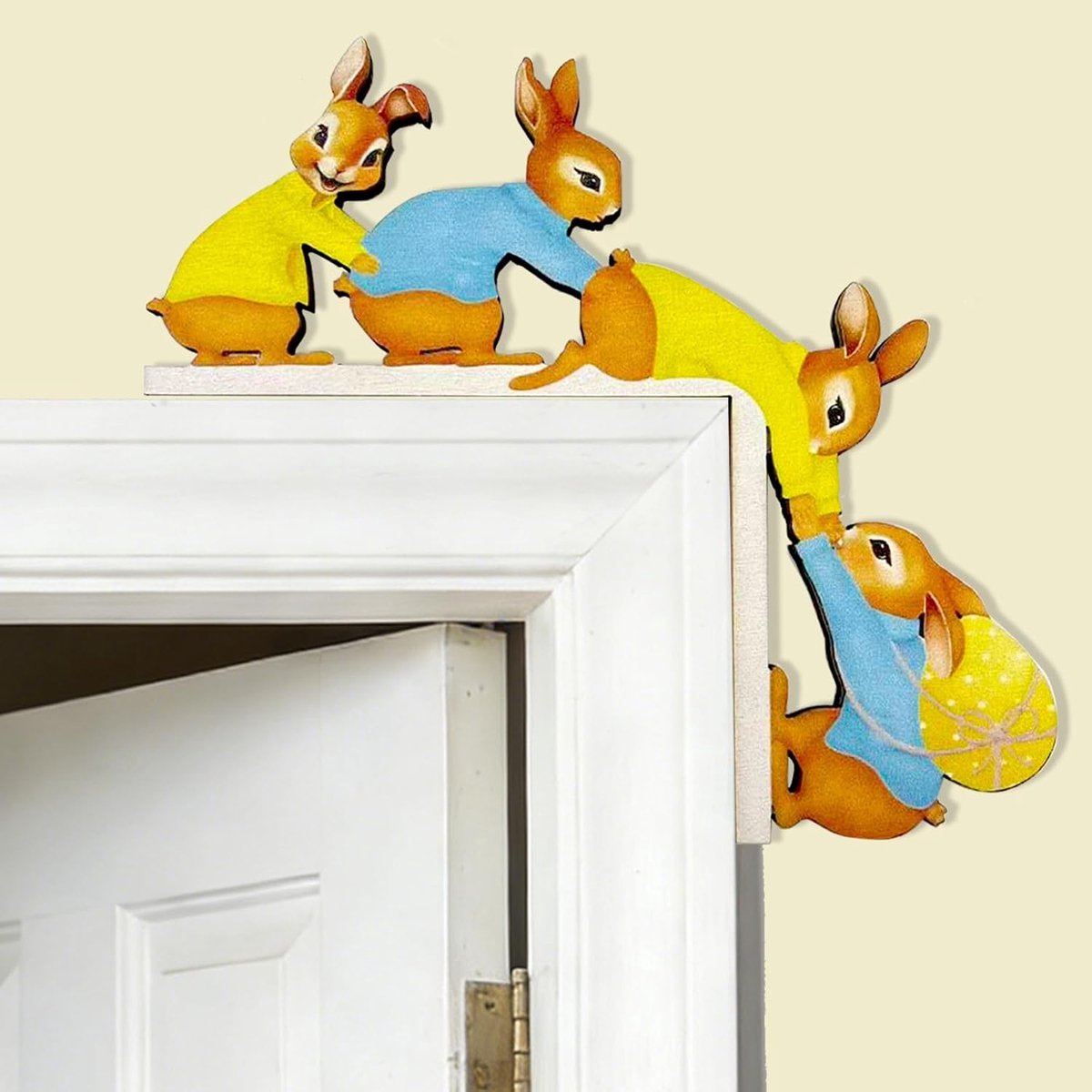 Decoratie Pasen, paasdecoratie, deurkozijn van hout, grappig paashaas, deurbord, hoekdecoratie, haas, deurdecoratie, lentedecoratie, cadeau voor Pasen, paasdecoratie voor deur, raam, open