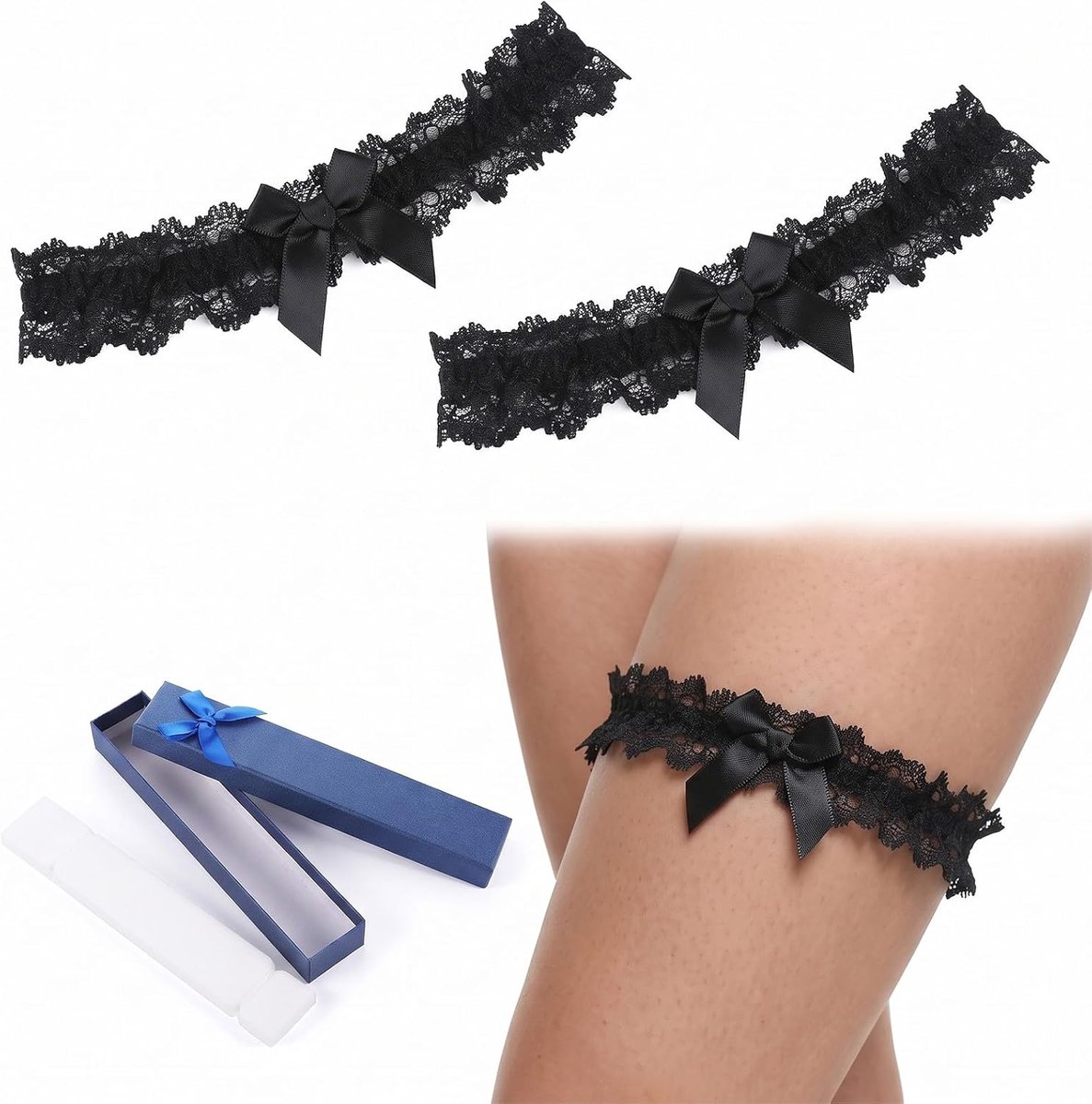 2 stuks bruidskousenbanden met geschenkdoos, elastische kousenband van kant voor bruiloft, verstelbare bruidsaccessoires (35-63 cm), zwart, ideaal als cadeau voor vrijgezellenfeesten en