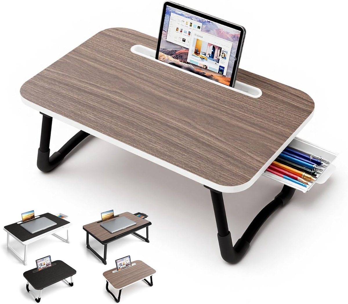 Bedbureau voor ontbijt op bed, Werk en Studie, Thuiswerk, Laptopstandaard voor bank en bed (Small Brown 48x30)