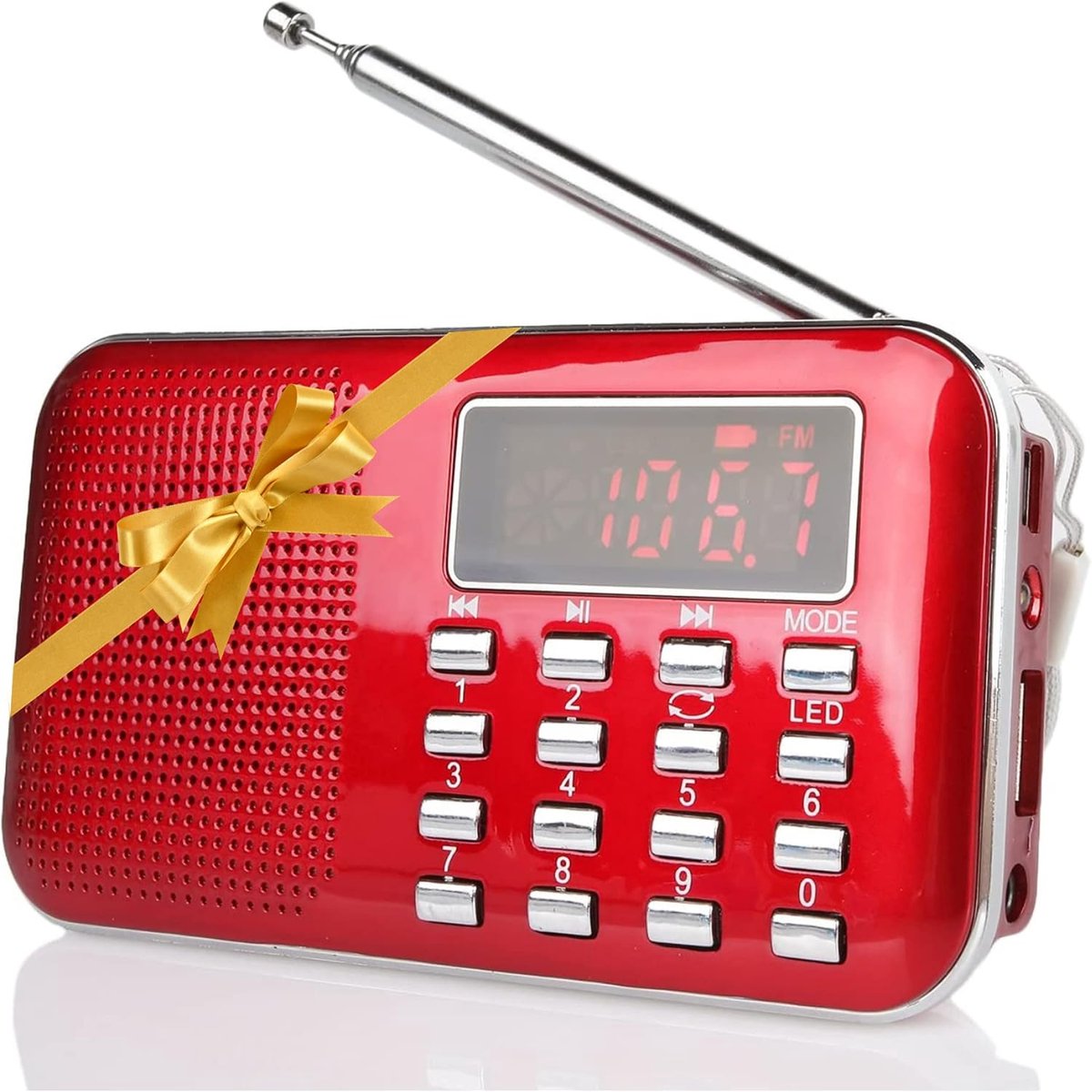 RF23 Draagbare radio, kleine AM/FM, korte golfontvanger, MP3-muziekspeler, ondersteunt micro-USB TF-kaart, met lcd-display, wekker, externe antenne en oplaadbare batterij (rood)