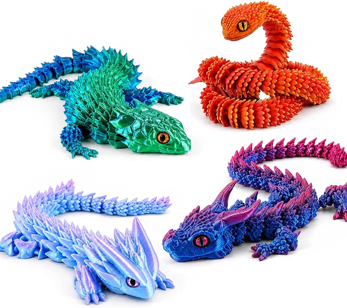 4 dierfiguren, 3D-print, beweegbaar speelgoed met flexibele beweging, slang, hagedis en draak, sensorisch fidgetspeelgoed, bureaudecoratie en cadeau voor kinderen jaar