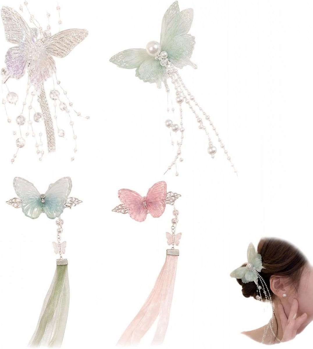 Haarspelden vlinder, feeën vlinderhaarspelden met kwastjes, elegant haaraccessoire voor bruid, bruiloft, babyshower, lente