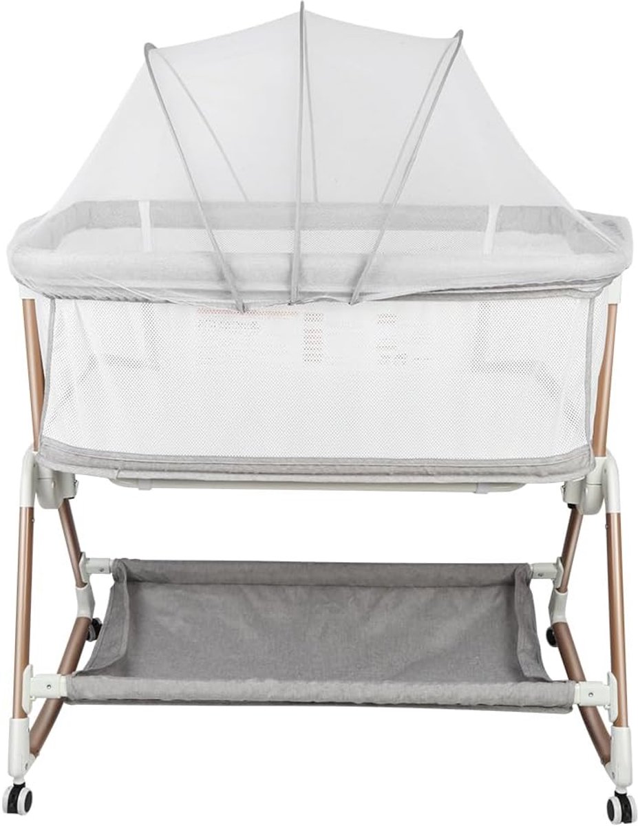 2-in-1 Baby Co-sleeper & Aanschuifbedje, 0-6 Maanden (0-20 kg), Verstelbaar, 6 Hoogtestanden, Gewatteerd Matras, Meshstof Zijkanten, Inklapbare Zijkant-96 * 60 * 90-115 cm - grijs
