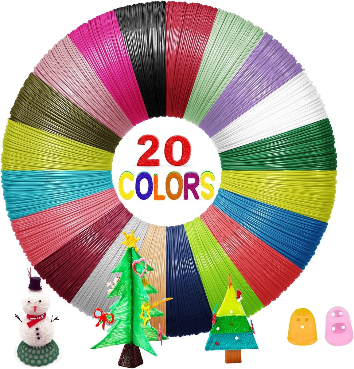 3D-stiftfilament, 20 kleuren, 1,75 mm, PLA-vullingen met 2 vingerdoppen, 3D-printspoelen, 3D-stiftkleuren, totaal 100 m (3D-pen niet inbegrepen)