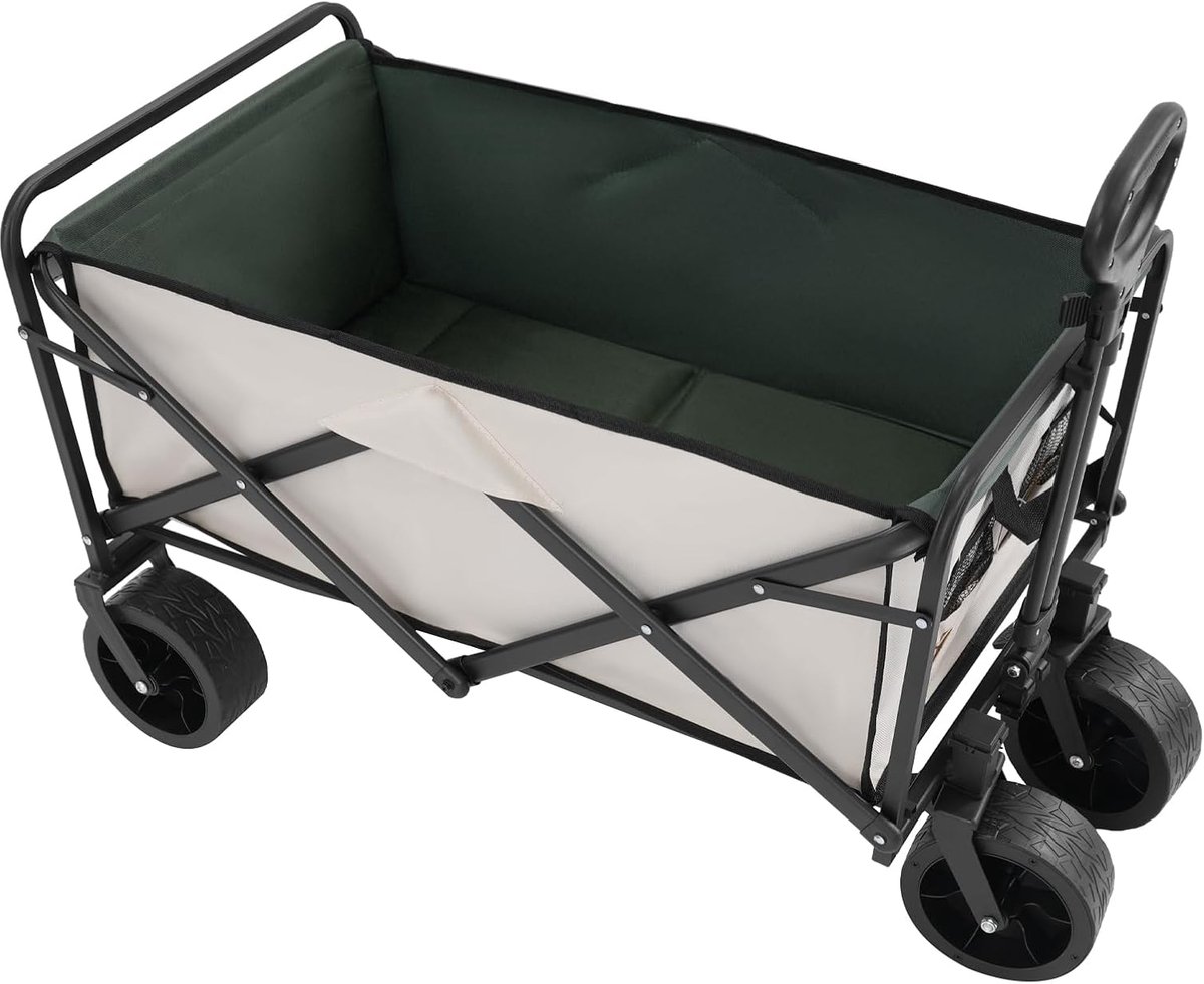 Opvouwbaar, outdoor, opvouwbare vouwwagen met leuningwielen, verstelbare handgreep en rem, handwagen, inhoud campingwagen voor camping, strand, tuin, tot 115 kg, kaki