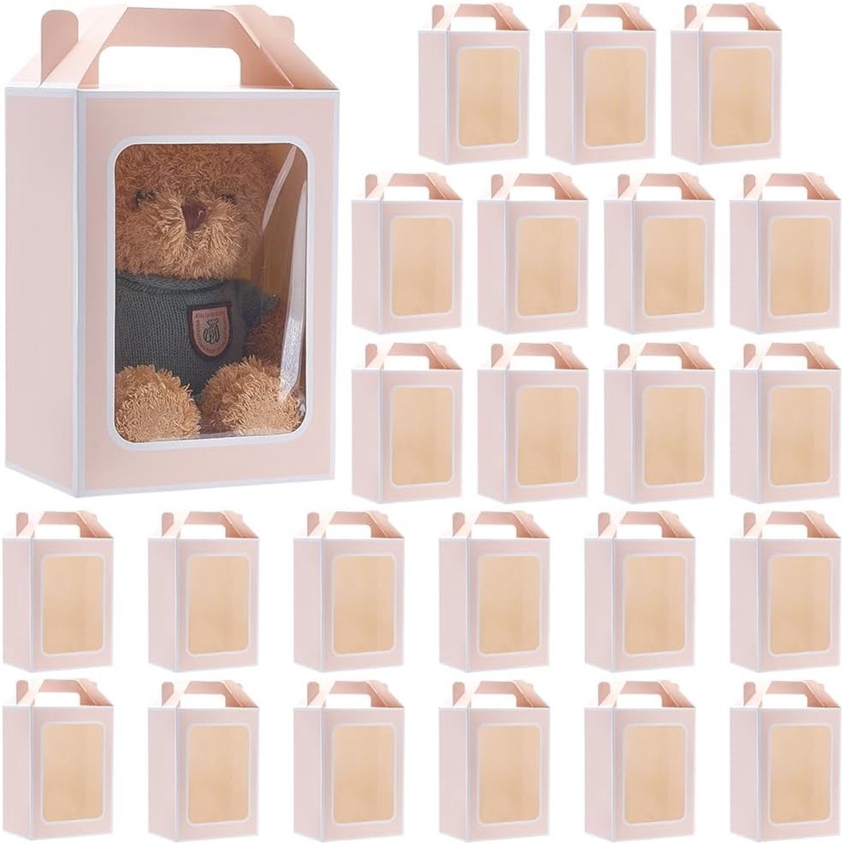 Kraft Papieren Cadeautassen Set van 24 met Duidelijk Venster voor Winkels, Bruiloften en Feesten - 25x18x13 cm, Roze Cadeauverpakkingen