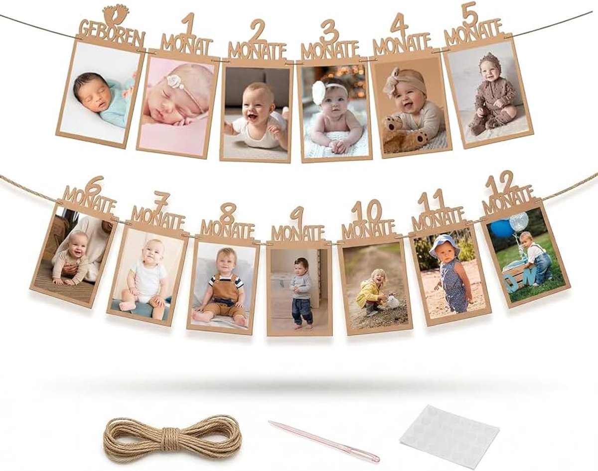 Verjaardagsslinger voor 1e jaar, 13 kaarten, kraftpapier, 24,5 x 12 cm, decoratie voor 1e verjaardag, jongens, meisjes, met 5 m koord en plakstippen, voor foto's van de eerste verjaardag