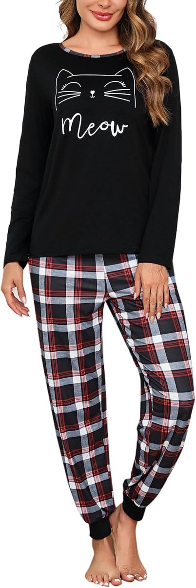 Damespyjama met lange mouwen, geruite pyjamaset, katoen