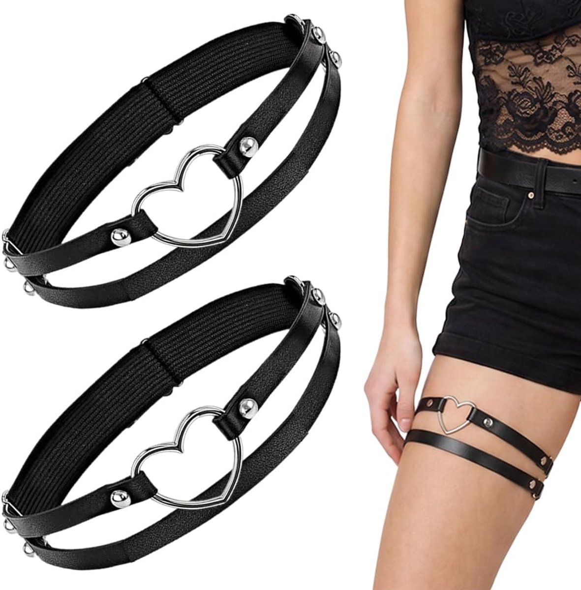 2 Giarrettiere Gotico Regolabili A Forma Di Cuore, Perfette Per Costumi Halloween, Rave, Cosplay E Feste A Tema, In Nero, Si Adattano A Tutte Le Taglie